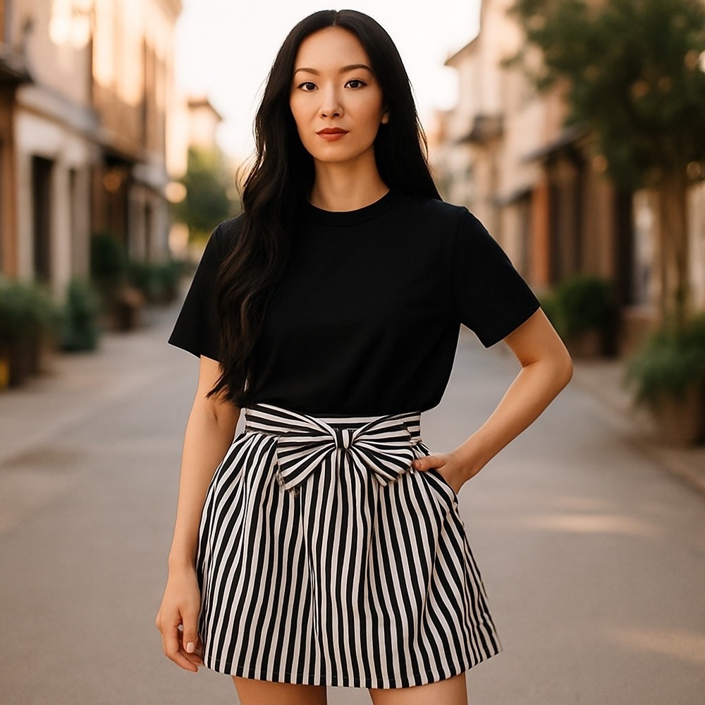 Love Culture Striped Mini‎ Skirt Bow Tie High Waist Party Black White